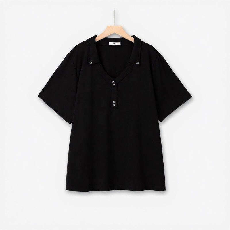 Snap Collar V Neck Casual Top - Black - 6XL - image 2